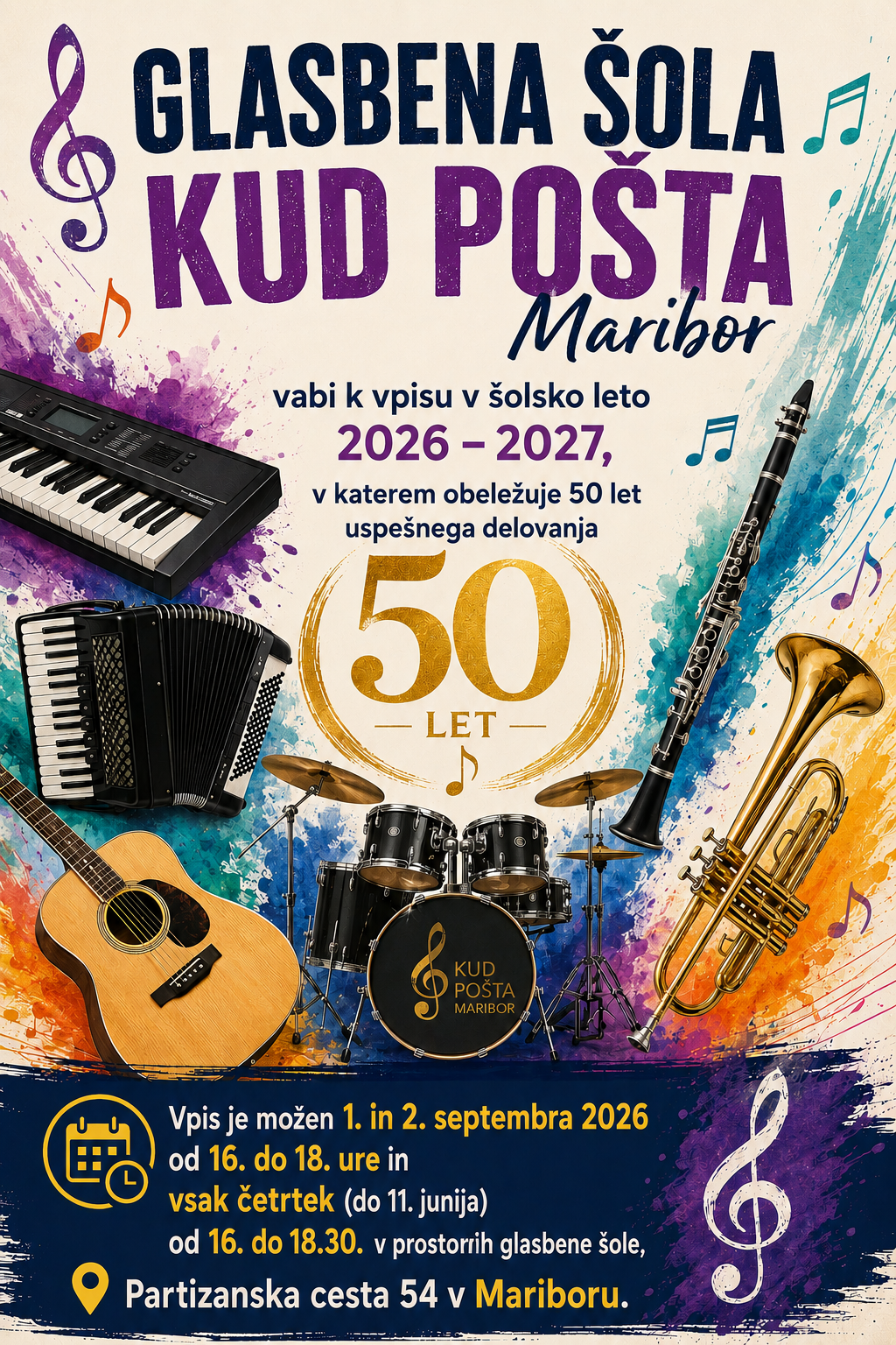 Čeprav je pouk v glasbeni šoli že stekel, je možnost vpisa kadar koli med šolskim letom. Kot je že znano, v Glasbeni šoli KUD Pošta ni omejitve, vsaj na zgor ne, saj je vsako leto več starejših, nič nenavadnega ni, če jih imajo kandidati že šest, sedem ali tudi osme desetletij. Vabljeni!